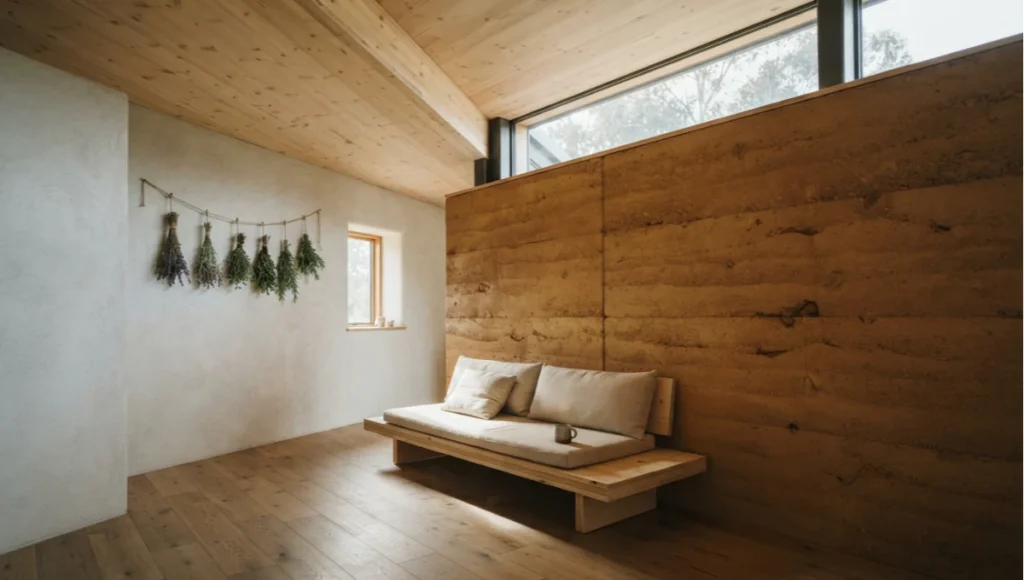 Interior of a solarpunk house showing exposed CLT ceiling panels, rammed earth Trombe wall, and hempcrete lime plaster walls — passive thermal mass design for carbon-negative architecture