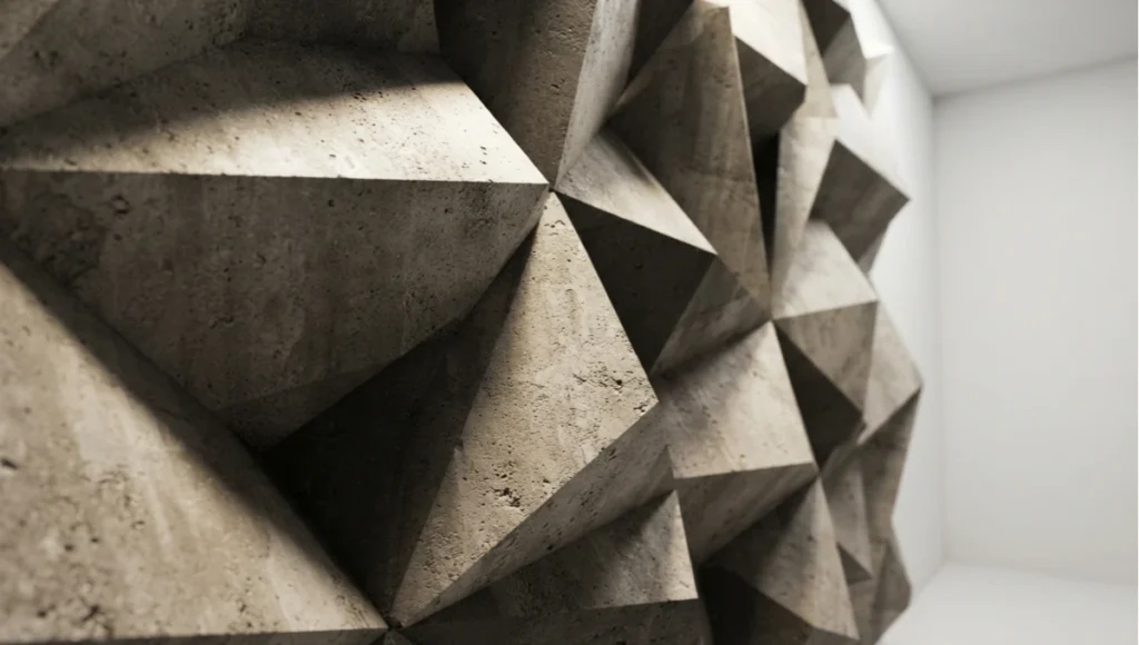 Ultra-photorealistic 3D render of a deep-relief geometric concrete wall pattern under raking light — bold wall patterns ArchViz social summary image by Nuvira Space.