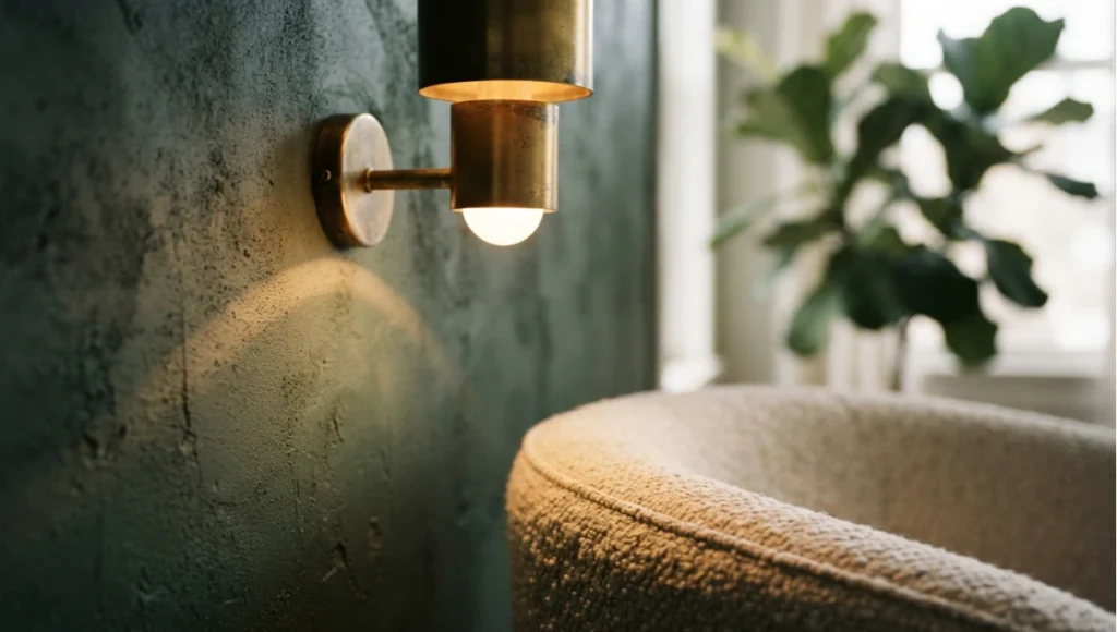 Brass wall sconce casting warm light against jade green matte plaster wall, with curved linen upholstery and fiddle-leaf fig in background — illustrating warm-cool chromatic contrast strategy for jade green living rooms.