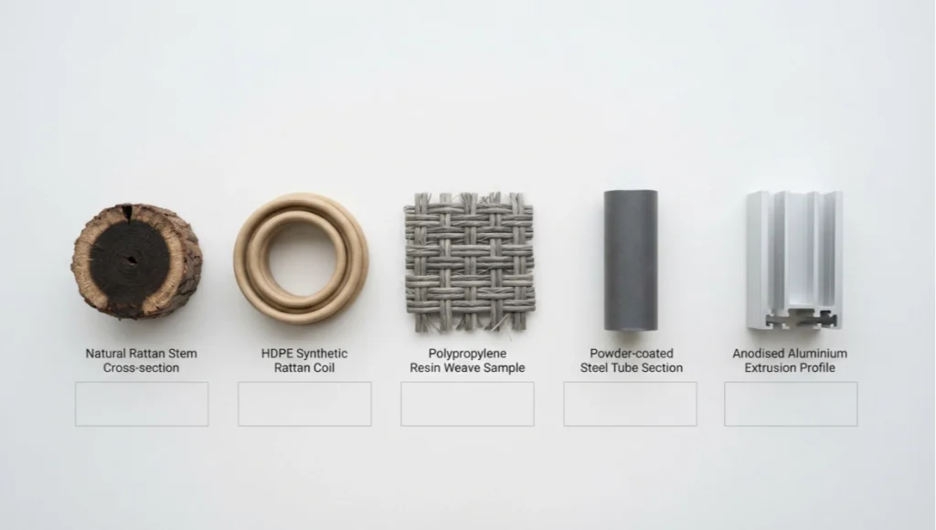 Comparative material sample flat-lay of natural rattan versus HDPE synthetic rattan, polypropylene, powder-coated steel, and aluminium for sustainable furniture embodied carbon analysis.