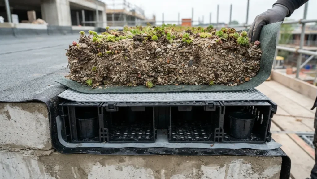 Cross-section of a blue-green hybrid green roof assembly showing attenuation cassette, drainage layer, and sedum substrate for urban stormwater management.