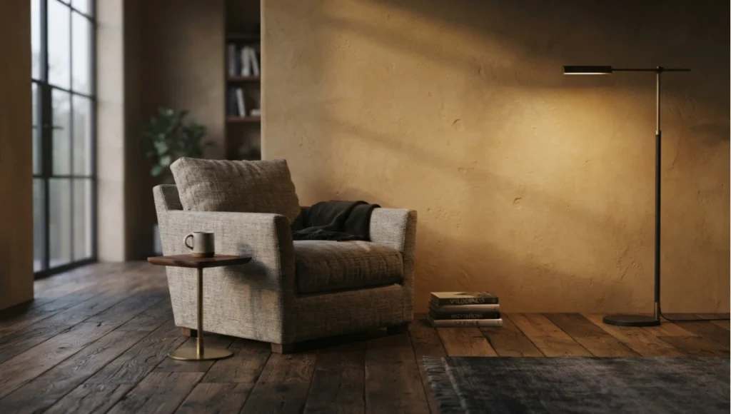 Close-up of hand-troweled ochre lime plaster wall and oiled reclaimed oak flooring in a poetcore interior design living room corner, warm 2400K lighting highlighting natural material texture.
