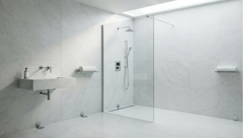 Full smart chrome bathroom fixture suite with matching PVD chrome faucet, shower controller, and sensor array in a luxury minimalist wet room.
