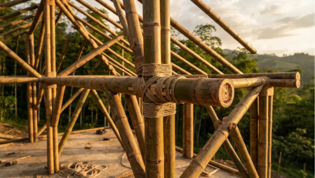 Engineered laminated bamboo panel cross-section showing 140mm thickness and alternating fibre bonding layers — sustainable bamboo architecture material specification detail, 2026.