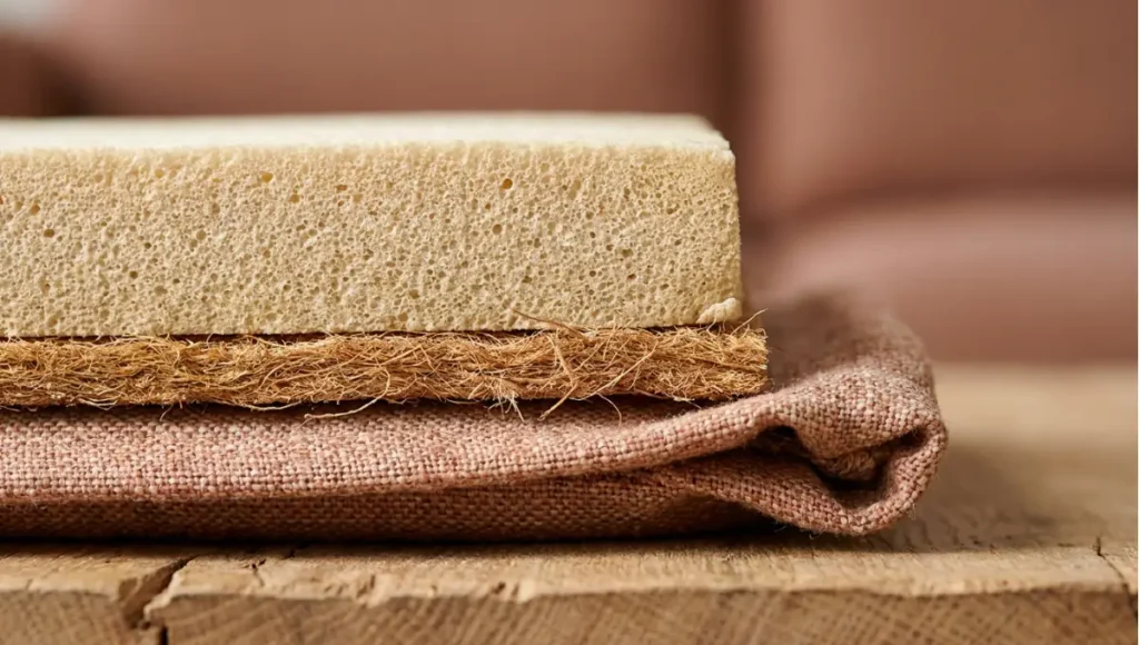 Cross-section macro photo of biodegradable sofa cushion showing natural latex foam, coir-latex support layer, and hemp-linen textile shell — sustainable upholstery material composition