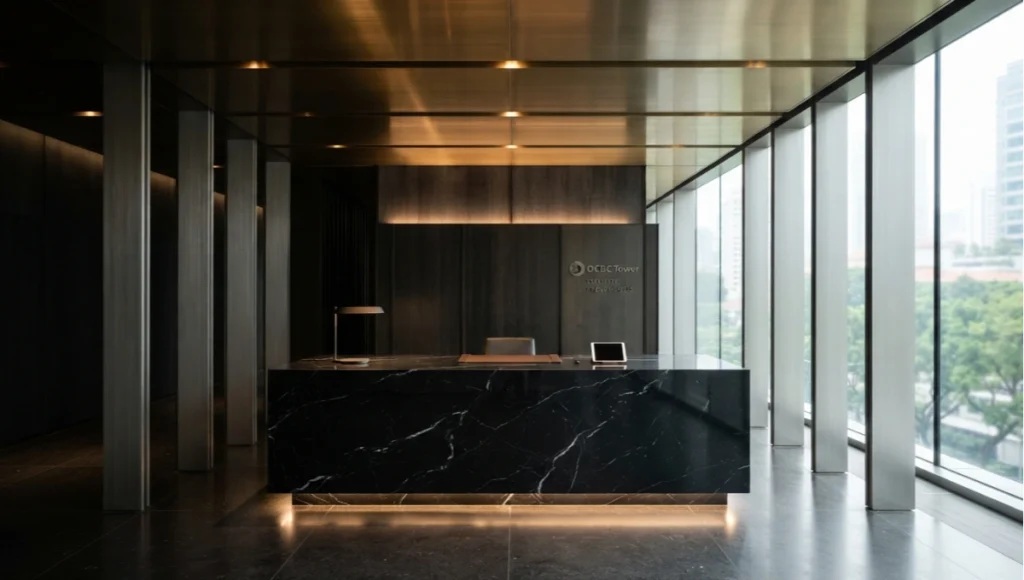 High-gloss material rendering reference — polished Nero Marquina marble reception counter with anisotropic brushed-brass ceiling panels and anodized aluminum mullions in a Singapore commercial lobby interior, demonstrating PBR metalness, anisotropic, and clearcoat shader behaviors under diffused north-facing daylight.