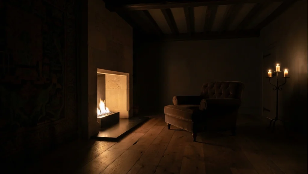 Castlecore interior design living room with bio-ethanol fireplace as sole light source, honed black limestone hearth, dark timber ceiling beams, wool tapestry wall covering, and reclaimed oak floor planks — cinematic architectural photography illustrating the physiological design principles of castlecore interiors in 2026.