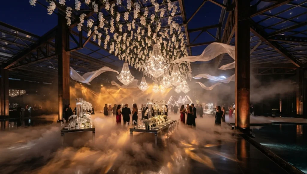 Surreal ArchViz interior event space concept render featuring crystalline chandelier caustics, volumetric amber fog at floor level, dark basalt water mirror plane, and inverted botanical canopy in a 14-meter-height pavilion — architectural visualization by Nuvira Space, Lumen GI, V-Ray 7 production pipeline