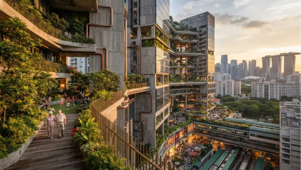 Ultra-realistic architectural photography of a 45-story mixed-use Singapore tower shot with a 24mm tilt-shift lens at golden hour, showing stacked sky gardens with raw concrete shear walls, brushed brass sky bridges, weathered tropical hardwood decking, living moss vertical panels, photovoltaic glass curtain walls, and expressed oxidized copper district cooling infrastructure integrated with ground-level mass transit.