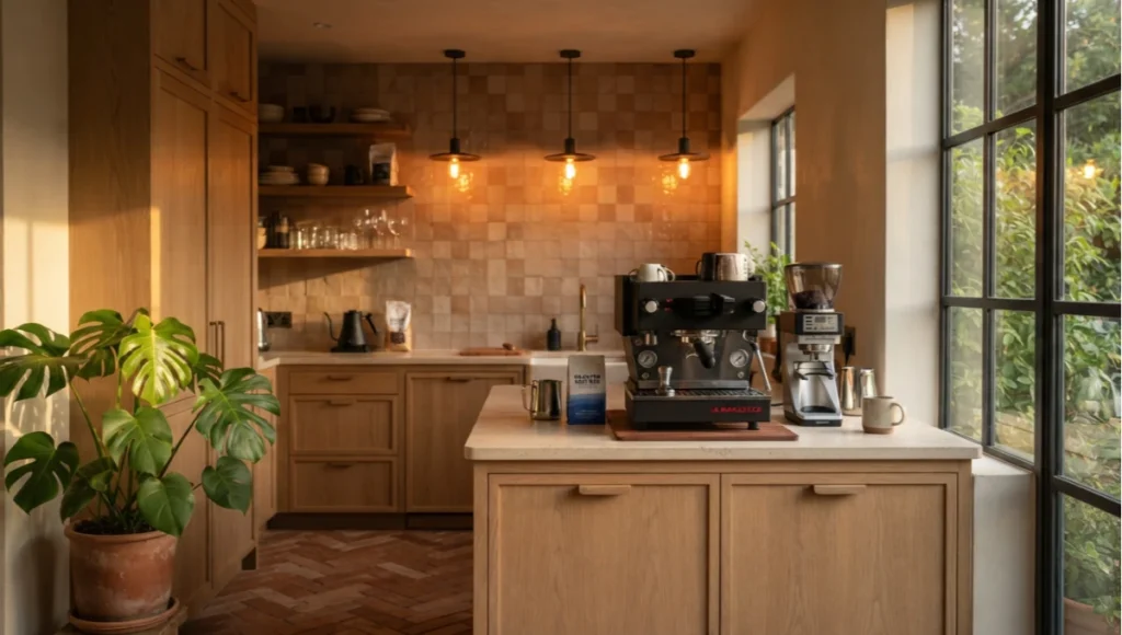 Cafecore kitchen design featuring honed limestone countertops, oiled oak cabinetry, terracotta floor tiles, and blackened brass pendant lighting at golden hour