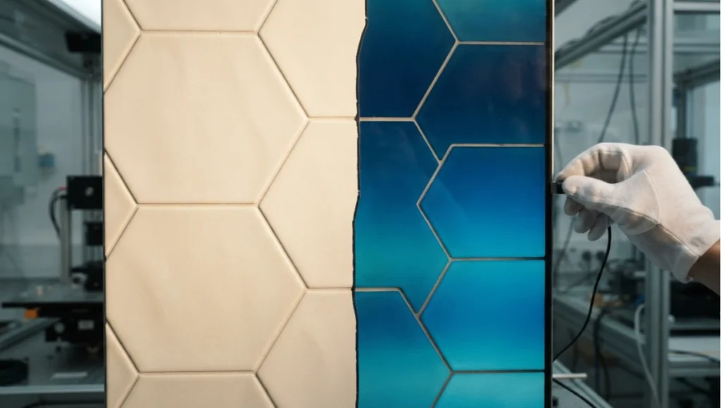 Electrochromic smart wall panel mid-transition between opaque privacy state and active OLED display layer, ceramic textural overlay, architectural material detail, smart wall personalisation technology