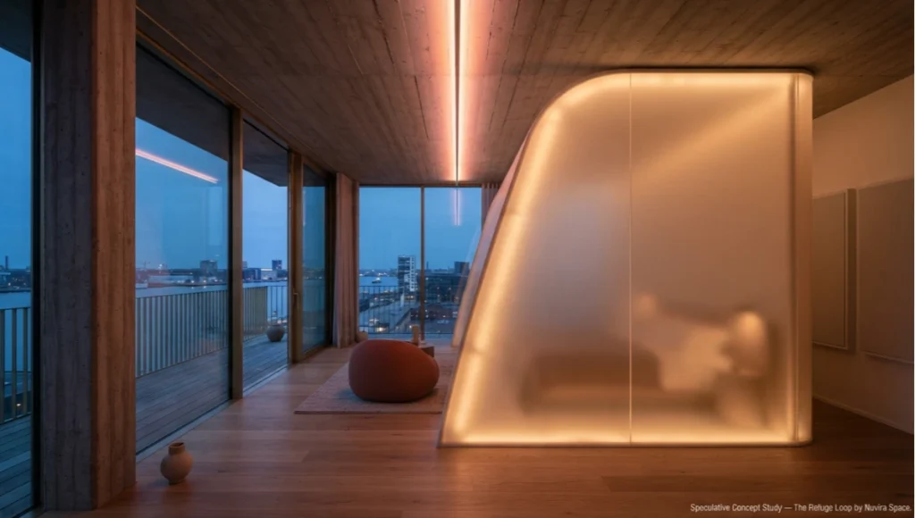 Architectural establishing photograph of Nuvira Space's 'Refuge Loop' concept apartment — double-height glazed facade, backlit translucent resin partition, exposed concrete column, and dawn-simulation lighting overlooking Copenhagen harbor at blue hour.