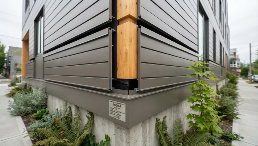 AXIOM-7 speculative residential cluster by Nuvira Space showing recycled aluminum siding with FRP thermal break rail, ventilated rainscreen cavity, and CLT substrate in a Pacific Northwest carbon-negative building envelope concept study.