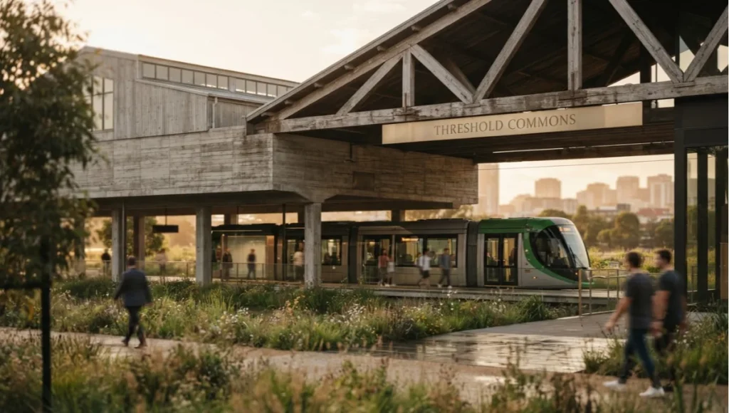 Golden hour view of aspern Seestadt's transit plaza in Vienna, showing a steel-and-glass metro canopy, brushed brass signage, and precast concrete paving beside a car-free residential district.