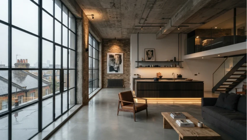 SketchUp interior rendering of the Seladon Loft featuring exposed concrete ceilings, polished microcement floors, and steel-framed glazing illuminated by overcast daylight.