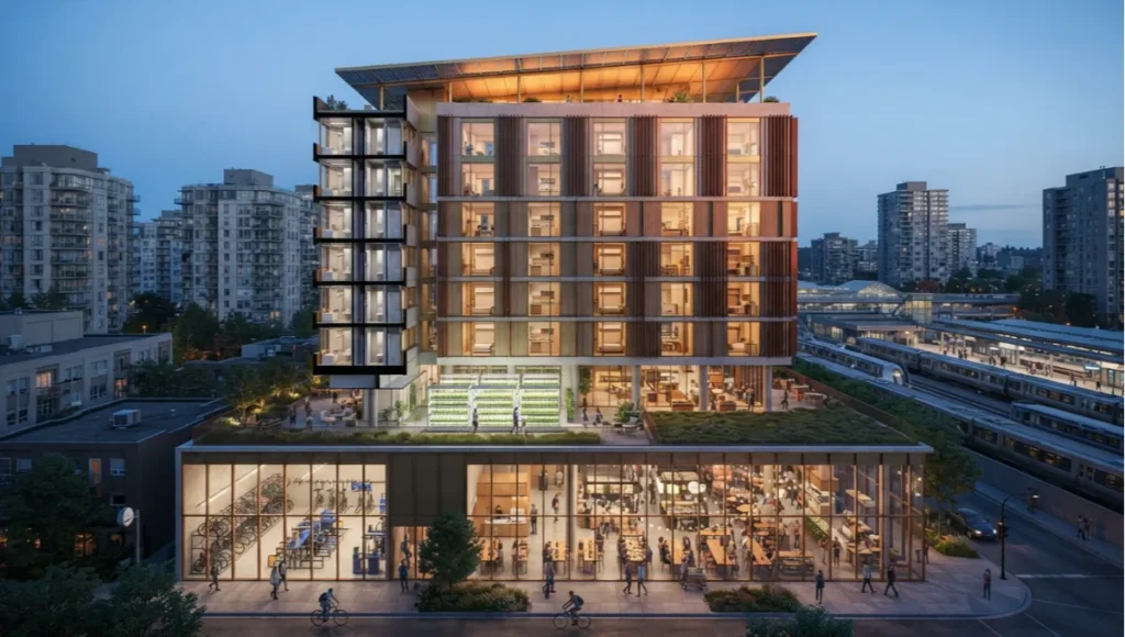 Nuvira Space Nano Core 01 speculative micro-apartment city planning concept at dusk, a 16-storey transit-oriented micro-unit tower with mixed-use podium, shared amenity terrace, solar canopy, and transformable unit interiors visible through full-height glazing.
