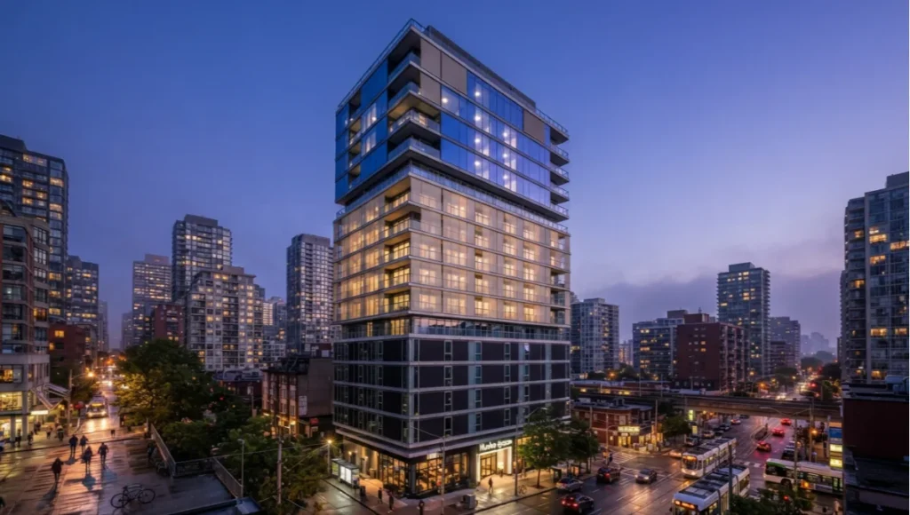 LUMINA-AXIS speculative concept tower by Nuvira Space — showing 3-layer automated window treatment system comprising exterior motorized tensile screens, electrochromic glazing on upper floors, and interior blackout roller shades — dusk lighting, urban context.