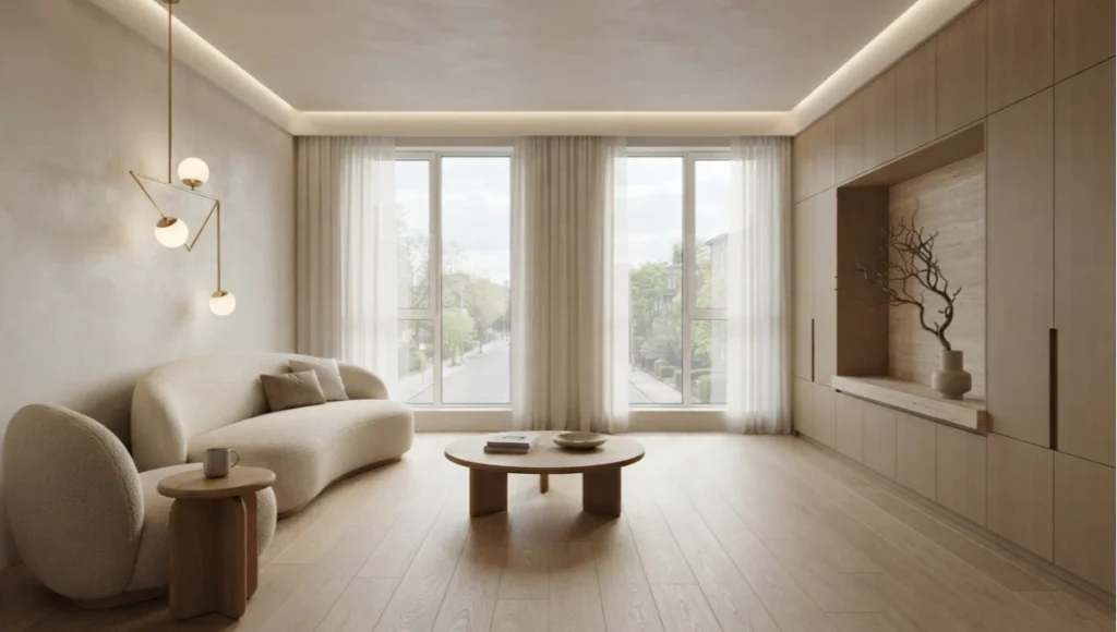 HEARTHFRAME RESIDENCE by Nuvira Space — speculative warm minimalism interior concept study featuring biophilic material layering, circadian lighting, and neurologically calibrated spatial ratios.