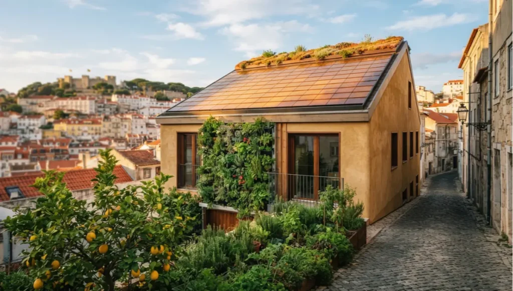 The Verdant Shell — Nuvira Space internal concept study of a solarpunk house in Lisbon featuring CLT structure, hempcrete envelope, BIPV roof, and food-producing landscape in carbon-negative residential architecture.