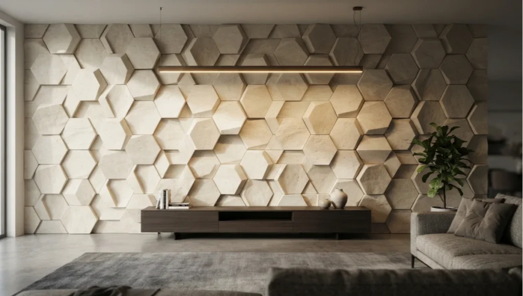 Nuvira Space concept render of The Cortex Wall — a parametric hexagonal limestone relief system in a residential living room, demonstrating bold wall patterns ArchViz production methodology with multi-depth module geometry and IES pendant lighting.