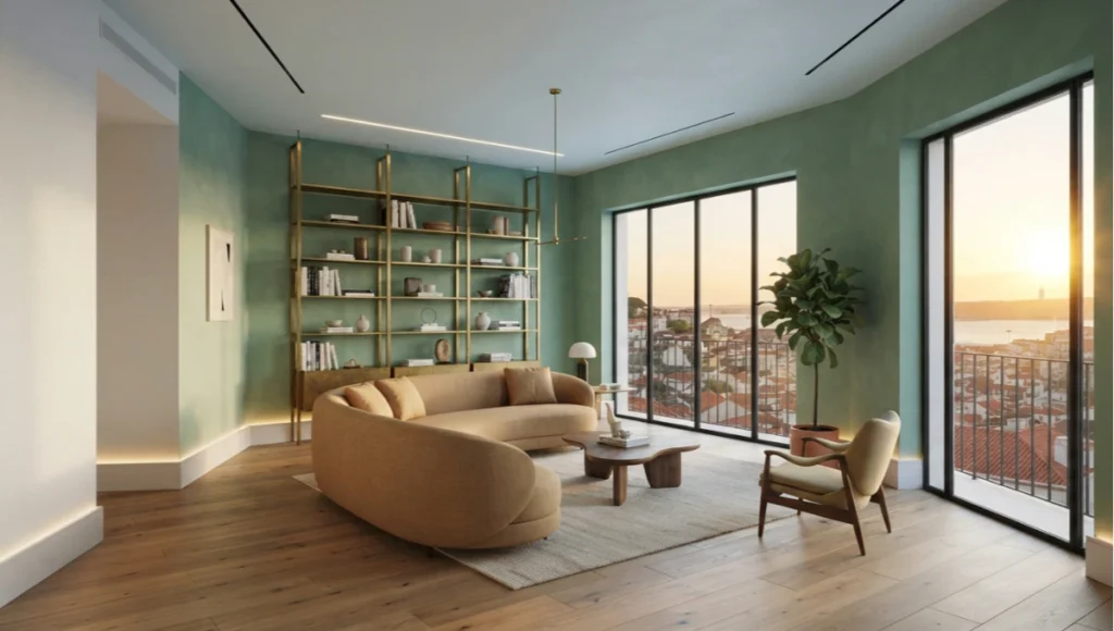 The Viridian House by Nuvira Space, a speculative neuro-architecture concept in Lisbon — jade green living room with celadon walls, European oak flooring, curved sand linen sofa, and brass architectural shelf system under golden-hour western light.