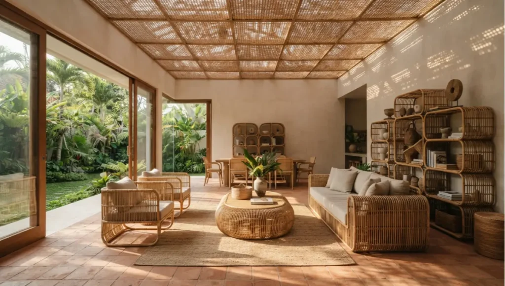 Nuvira Space RATTAN LOOM HOUSE speculative interior concept in Ubud Bali, fully furnished with FSC-certified natural rattan furniture including Manau frame armchairs, rattan ceiling baffles, and woven shelving system in carbon-negative tropical interior design.
