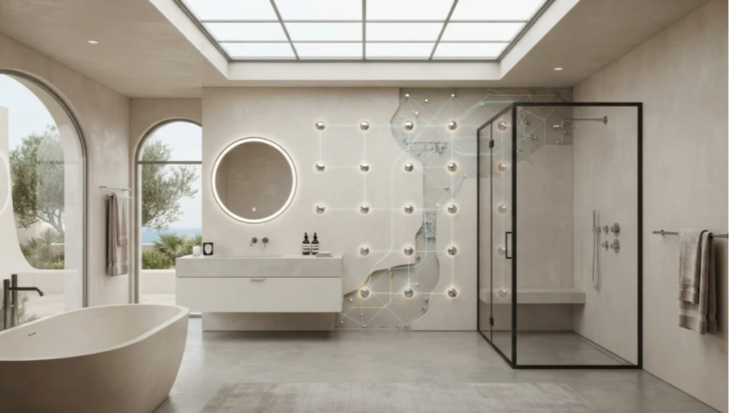 Nuvira Space speculative concept study ChromaNode Residence smart chrome bathroom fixture mesh interior visualization.