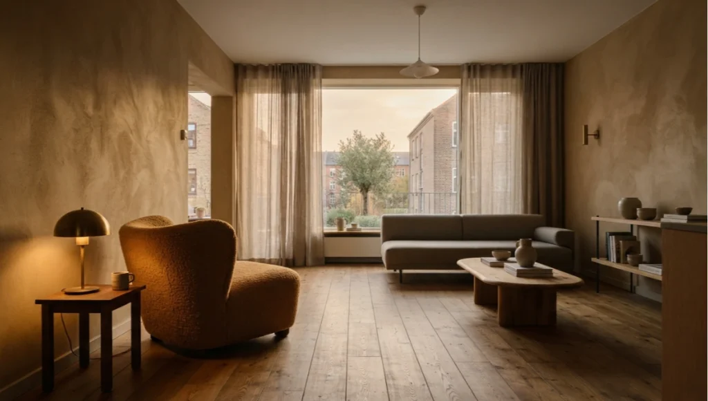 The Quiet Ledger, a speculative Nuvira Space concept study interior in Copenhagen, showing clay plaster walls, oiled oak flooring, and a refuge-corner armchair angled toward a courtyard tree sightline.