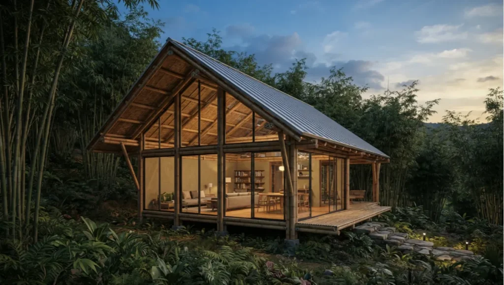 CULM HOUSE 01 by Nuvira Space — speculative sustainable bamboo architecture concept, 180m² Guadua bamboo residential pavilion, Cauca Valley Colombia, carbon-negative regenerative infrastructure, 2026.