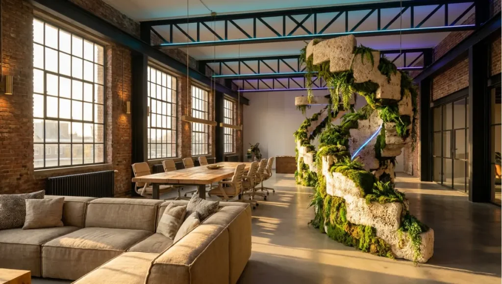 Project Kelder by Nuvira Space — Rotterdam warehouse interior featuring biodegradable soft furniture, natural latex sofa, mycelium task chairs, and hemp-linen upholstery in an industrial regenerative infrastructure concept study.