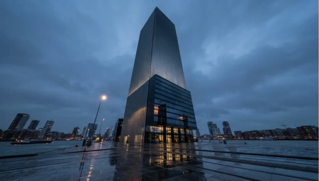 Obsidian Terminus Tower by Nuvira Space — speculative architectural concept study, Rotterdam Wilhelminapier waterfront, showing three-zone high-gloss facade system: automotive clearcoat aluminum panels at base, anisotropic brushed titanium cladding at mid-rise, and progressive PBR roughness gradient dissolving to matte at crown; blue-hour exterior render demonstrating multi-method shader strategy for high-fidelity architectural visualization.