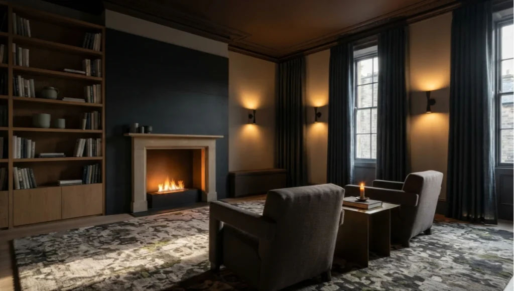 Project Thornveil by Nuvira Space — speculative castlecore interior concept in an Edinburgh New Town tenement apartment featuring wrought-iron wall sconces at 2200K, honed slate chimney breast, floor-to-ceiling linen drapes, and hand-knotted wool rug, demonstrating evidence-based castlecore design principles for circadian health and acoustic dampening in a residential living space.