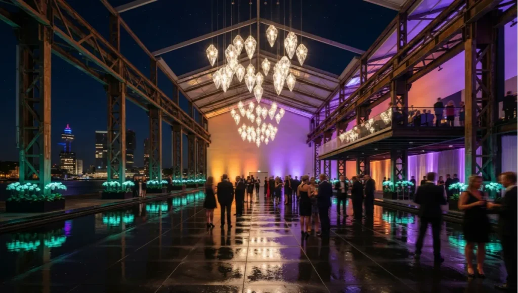 Nuvira Space Meridian Soiree architectural visualization concept render — Rotterdam Wilhelminapier post-industrial event pavilion featuring crystalline chandelier caustics over reflective basalt water-mirror floor, amber-to-violet volumetric fog gradient, bioluminescent Phalaenopsis orchid column installations, and ETFE roof with open-sky night integration — surreal ArchViz event space, Unreal Engine 5.4 Lumen Ray Tracing, V-Ray 7 final frame output
