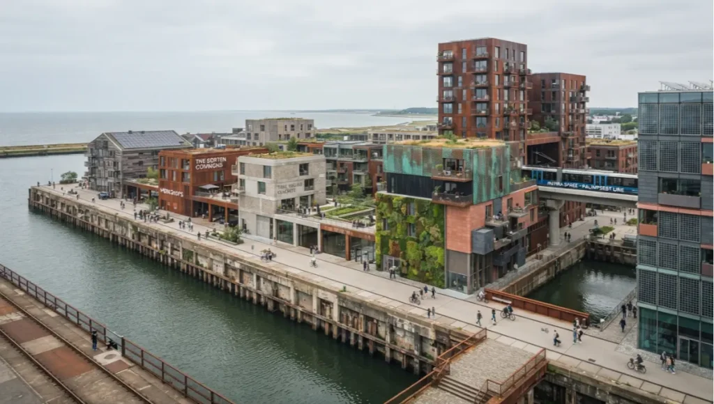 Ultra-realistic architectural photography of The Palimpsest Quarter by Nuvira Space, a post-industrial waterfront district shot with a 24mm tilt-shift lens under diffused North Sea overcast light, featuring reclaimed port timber, weathering steel with rust patina, tidal-resistant concrete, cork insulation, verdigris copper mesh, charred timber, living moss facades, recycled polymer panels, and photovoltaic glass on amphibious ground floors with restored quay walls and re-inhabited industrial crane rails.