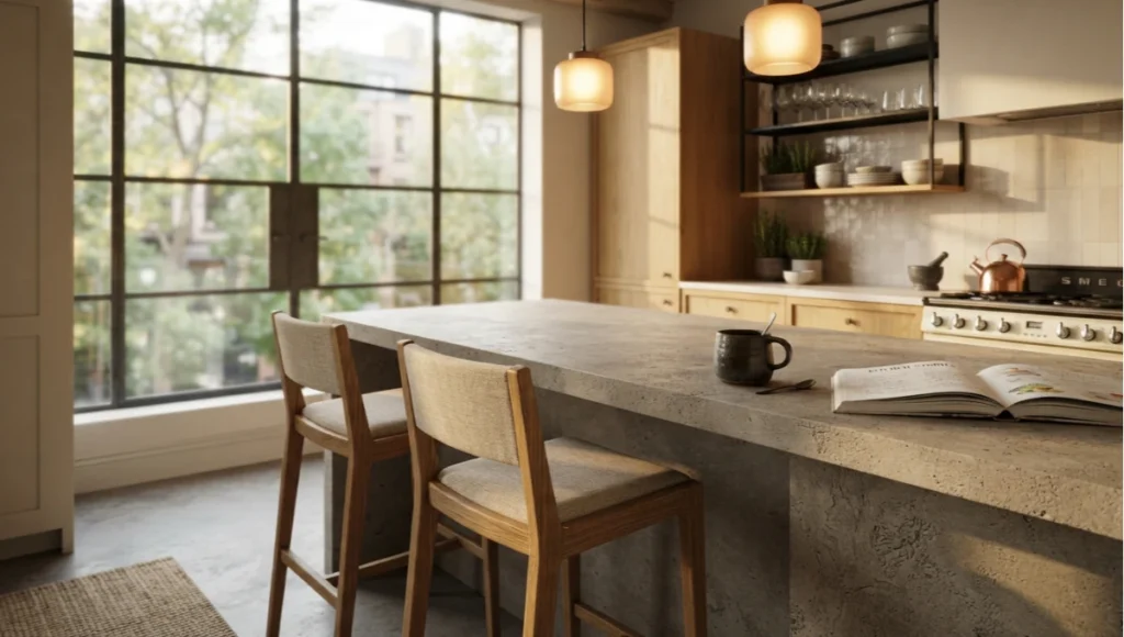 Cafecore kitchen island with prospect seating position — two oiled oak stools facing a large window, honed concrete countertop, morning light