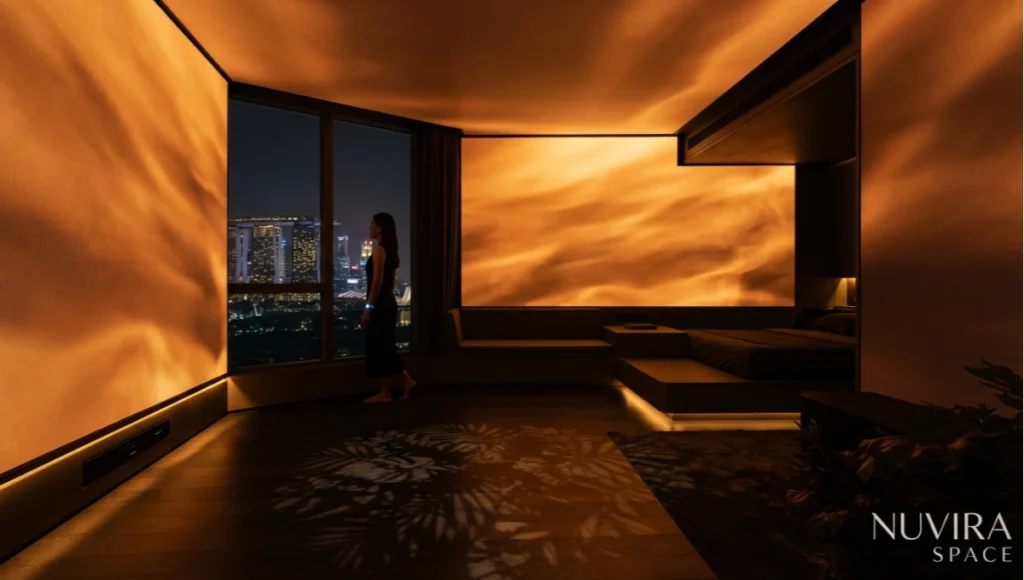 Nuvira Space "The Liquid Room" speculative concept interior with full-coverage OLED smart wall system in circadian wind-down amber state, biophilic light projection, playful personalisation smart walls Singapore micro-apartment
