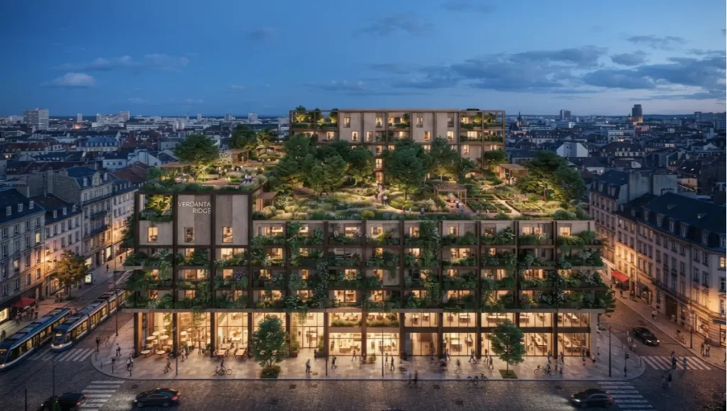 VERDANTA RIDGE speculative concept study by Nuvira Space showing green roof architecture across multiple levels of an urban mixed-use block, with intensive civic park at rooftop level.